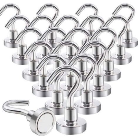 Crochets magnétiques extra-forts (10 kg), aimants néodyme avec crochets, lot de 20, fixation sans perçage, pour portes en fer, réfrigérateurs, cuisines, portants, bureaux, couleur argent.