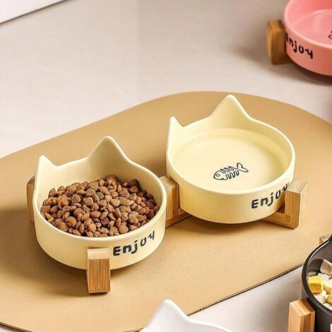 Ensemble de 2 bacs à litière en céramique avec support en bois, gamelle pour eau et nourriture pour chats, gamelle non toxique pour animaux de compagnie, ensemble nourriture et eau pour chats et chiot (1/4)