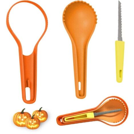Kit de sculpture de citrouilles d'Halloween 3 pièces, outil 3 en 1 comprenant une cuillère à citrouille avec lame de coupe en acier inoxydable, idéal pour sculpter et décorer votre citrouille pour Hal