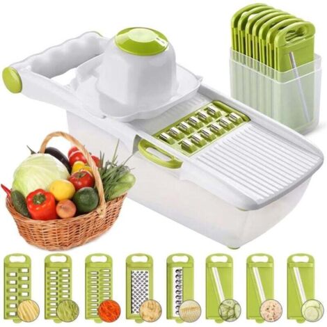 Mandoline tout-en-un, coupe-fruits et légumes, trancheuse à légumes multifonctionnelle, trancheuse interchangeable en acier inoxydable avec récipient alimentaire, protège-main, trancheuse à julienne p (1/4)