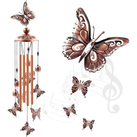 Carillon éolien d'extérieur, vente de liquidation, carillon éolien tubulaire en aluminium avec papillons et crochet en S, décoration de patio ou de jardin, cadeau de pendaison de crémaillère. (1/4)