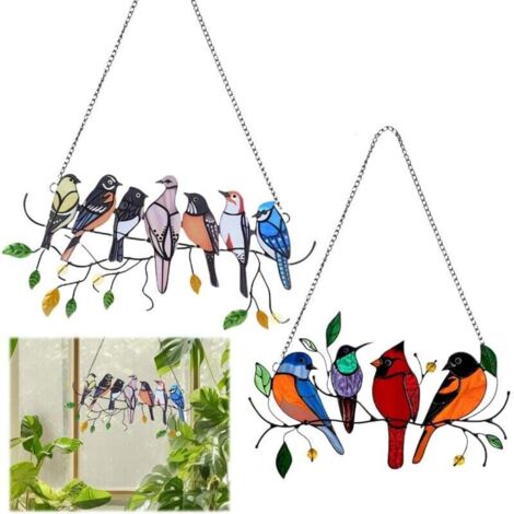 Lot de 2 décorations murales en forme d'oiseaux pour clôture de jardin, ornements de jardin en fil métallique, ornements de fenêtre multicolores à suspendre, pour décorations de jardin, de maison, de