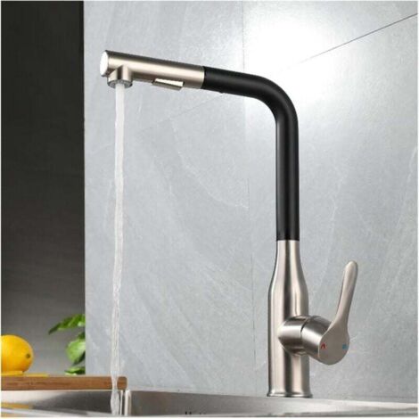 Robinet de cuisine en acier inoxydable noir/gris, eau chaude et froide, douchette extractible, levier unique (1/2)
