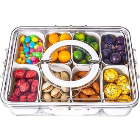 Boîte à goûter à l'unité, tiroir compartimenté avec couvercle et poignée, tiroir à 8 compartiments amovibles, boîtes à goûter réutilisables pour épices, bonbons, fruits, noix, chips et sauces (1/4)