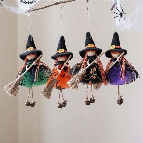 Décoration d'Halloween - Poupée hexagonale de cuisine - 20 x 12 cm - Sorcière volante unique avec balai et chapeau - Décoration d'Halloween à suspendre - Symbole de chance culinaire - Lot de 4 (versio (1/4)
