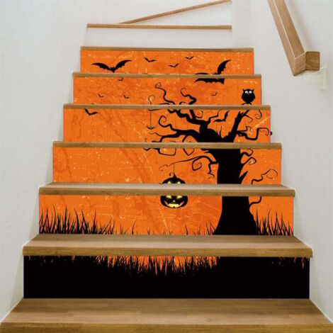 Autocollant décoratif amovible en PVC pour escalier - Arbre à citrouilles d'Halloween - Amovible - Décoration d'escalier - Lot de 6 (18 x 100 cm) (1/4)