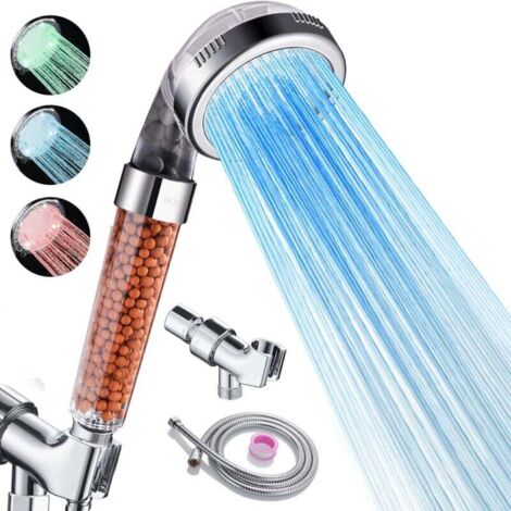 Pommeau de douche LED avec filtre et douchette à main - changement de couleur - pommeau de douche haute pression avec filtre - jet économique en eau. Douchette à main - avec flexible et base - convien