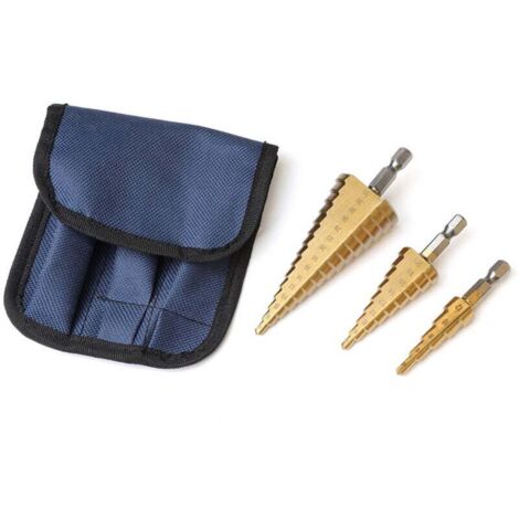Jeu de 3 forets étagés HSS revêtus de titane, tige hexagonale 1/4", cône à changement rapide en acier rapide pour le perçage de trous dans le plastique, le bois, le métal et l'aluminium (métrique 4-12