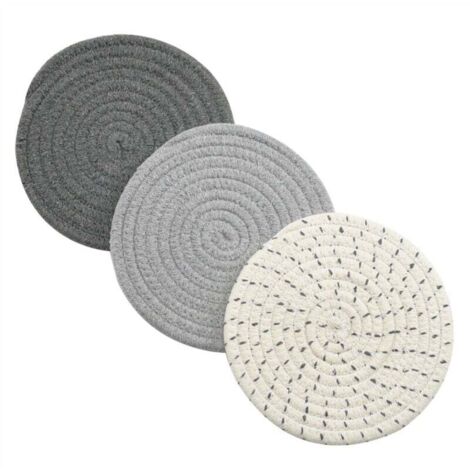 Ensemble de trois maniques tissées en coton 100 % (3 pièces) : dessous de plat, maniques et porte-cuillères élégants pour la cuisine et la pâtisserie, diamètre 18 cm (gris). (1/4)