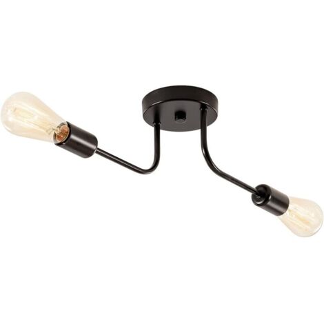 Plafond industriel semi encastré 2 lumières avec branche métallique réglable Plafonnier vintage E27 Holder peint en noir pour cuisine salon salle à manger chambre (Noir)(ampoule non incluse)
