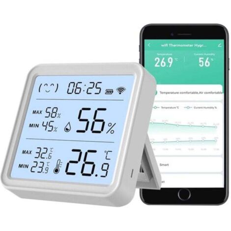Capteur intelligent WiFi de température et d'humidité avec hygromètre et horloge - Sans fil, écran LCD, application Tuya compatible avec Alexa et Google Home