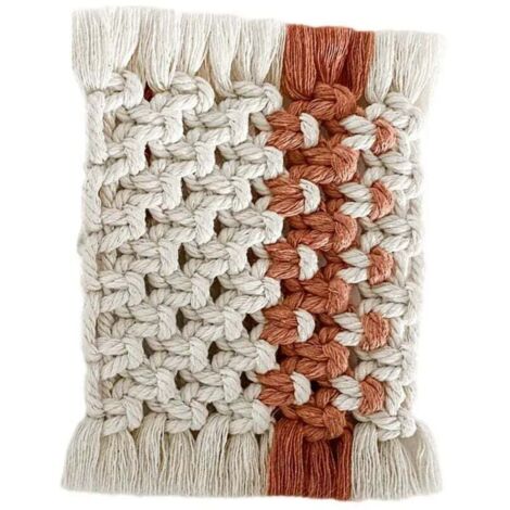 Lot de 4 dessous de tasse en macramé de coton fait main, marron et blanc avec franges