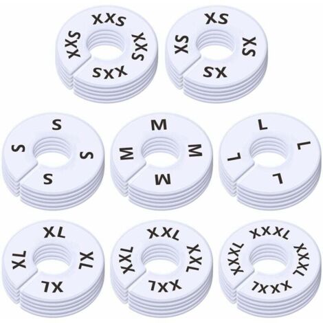 Lot de 40 séparateurs ronds en plastique blanc pour vêtements, pour étagères de placard, pré-imprimés en 8 tailles XXS, XS, S, M, L, XL, XXL, XXXL (3,5" OD, 1,38" ID) (1/4)
