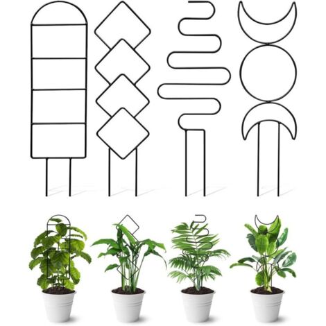 Support pour plantes grimpantes d'intérieur en 4 pièces, petit support pour plantes en pot d'extérieur, support de jardin en métal, support pour plantes avec différents motifs pour lierre (noir)