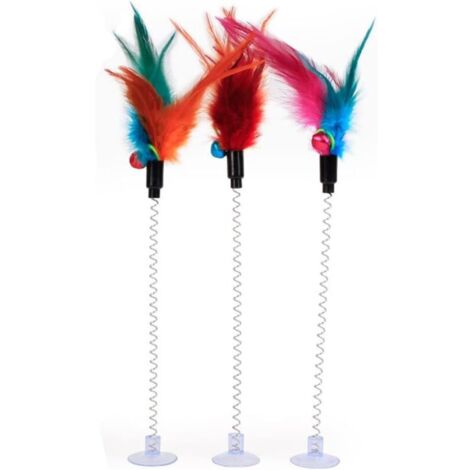 Bâtonnets ludiques pour chat (lot de 3) - Jouet interactif à ressort avec plumes et clochettes - Plumes de couleur aléatoire (emballage individuel)