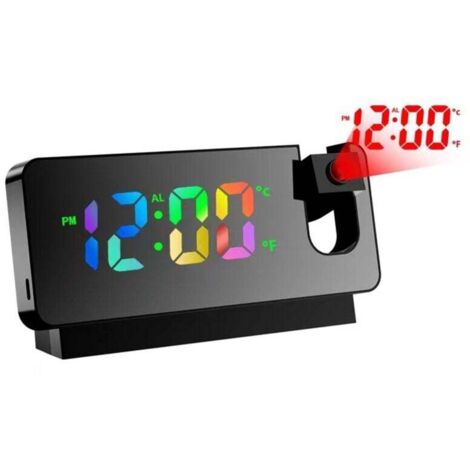 Réveil avec projection, réveil miroir, avec affichage de la température et grand écran LED, rotatif à 180°, alimenté par USB, avec projection de plafond, chambre à coucher (noir)