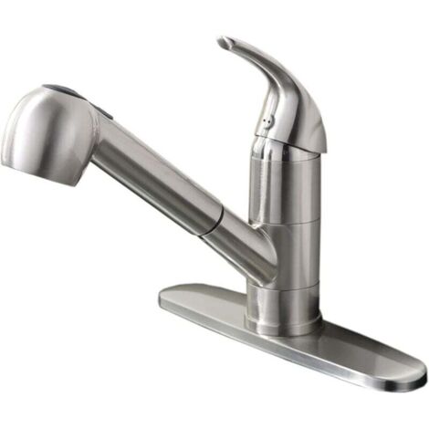 Robinet de cuisine en acier inoxydable nickelé - Robinet d'évier de cuisine à poignée unique extractible avec douchette - Robinet de cuisine bas à simple bec (1/4)