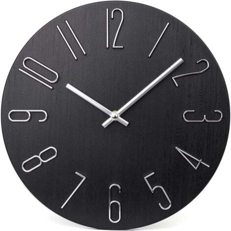 Horloge murale 30 cm (environ 30 cm) Silencieuse, sans tic-tac, horloge murale moderne en bois, décoration, bureau, maison, chambre, école (noire)