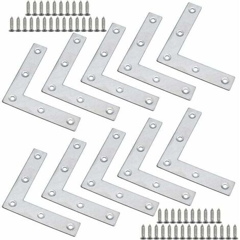 Lot de 10 Équerre à Angle Plat 80 x 80 x 1,5mm en Acier Inoxydable Plus Épaise Équerres Plates en Forme de L pour Fixation des Meubles à Bois tels que Table et Fenêtre et Étagère avec Vis