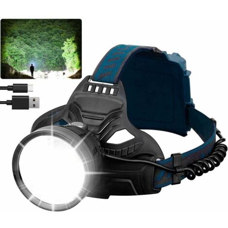 Lampe Frontale LED Rechargeable, Ultra Puissante 50000 Lumens Lampe Torche LED 4 Modes avec feu arrière rouge, Rechargeable USB 6000 mAh, Etanche Lampe Frontale pour Camping, Pêche, Cyclisme