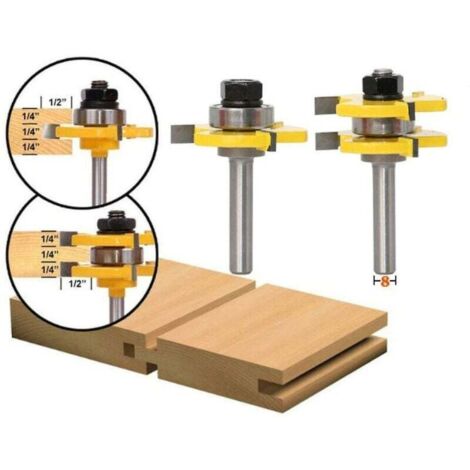 Ensemble de couteaux à languette, ensemble de couteaux à languette et rainure assortis à tige de 8 mm Couteau en T à 3 bords pour outils de travail du bois de bricolage -