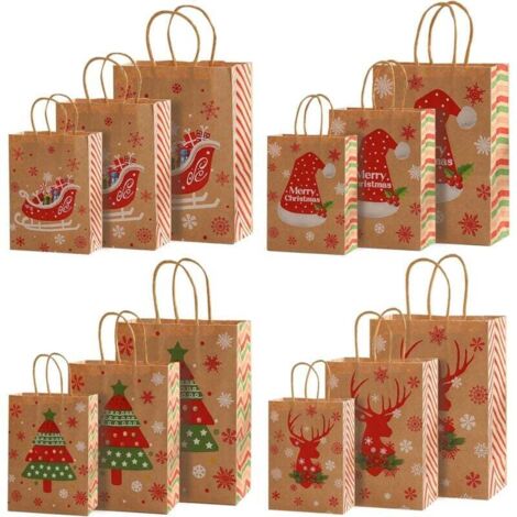 Pochette Cadeau Noël, 12 Pcs Sac Papier Kraft avec Poignée, Grande Pochette Kraft Noel, 3 Différentes Tailles Sac Cadeaux Sachet Bonbons Anniversaire pour Noël, Fête Du Thé, Mariage et Fêt