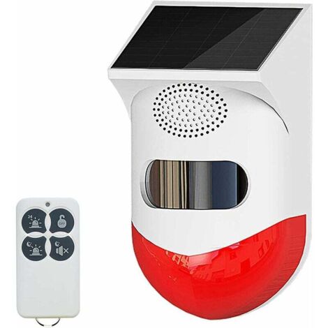 Lampe d'alarme stroboscopique solaire avec détecteur de mouvement Sirène d'alarme extérieure avec télécommande 120 dB Sirène de sécurité sonore IP67 étanche et 4 modes pour la maison, la ferme, la gra