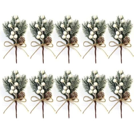 Lot de 10 petites tiges de baies de Noël artificielles blanches de 15 cm avec pommes de pin, houx, fleurs de Noël pour couronnes de Noël, décoration de vase d'intérieur