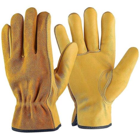 Gants de Travail en Cuir de Vache,pour Chauffeurs, Bricolage ,Jardinage, Stockage, Travaux Agricoles, Multifonctions (XL, Jaune)