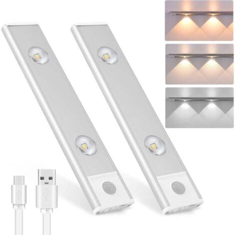 2PCS Lampes LED sans Fil Lumière de Placard,Lampes de Dessous d'armoire à Gradation,Détecteur de Mouvement, 3 Modes d’Éclairage,Lumière de Placard pour Cuisine,Chambre,Couloir, Escalier