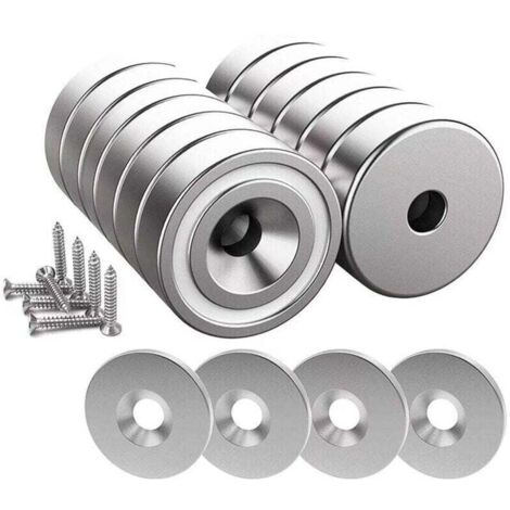 12 pièces Aimants en néodyme 10 KG force 20 x 7 mm avec trou et capsule, aimant en pot fraisé avec vis et 12 coussins en acier (Argent Brillant)