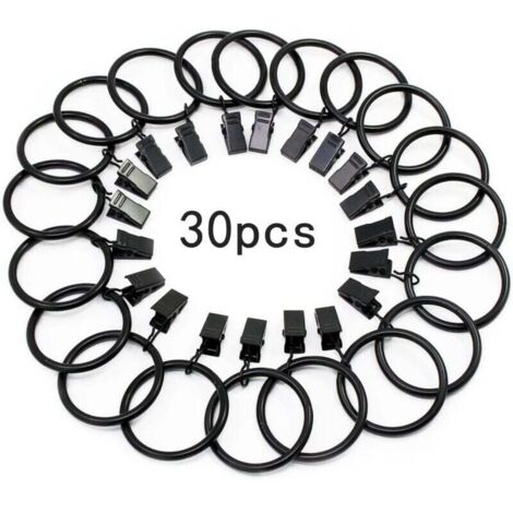 30 Pièces Anneaux de Rideaux, avec Métal Pince, Robuste, Antirouille, pour Tringle à Rideaux, 32mm Diamètre Intérieur (Noir)