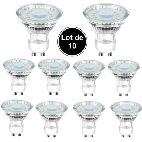 10 ampoules LED GU10 équivalentes à une ampoule halogène de 50 W, 4 W, éclairage blanc lumière du jour 6500 K, faisceau coudé à 120°.