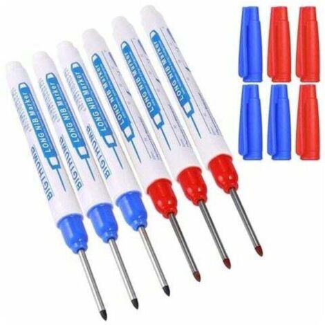 6pcs Marqueurs Trou Profond, Marqueur Charpentier, Stylo Marqueur Indélébile à Pointe Fine de 30 mm, Feutre Permanent pour des Marquages à des Endroits Difficiles d'Accès (Bleu Rouge) (1/4)