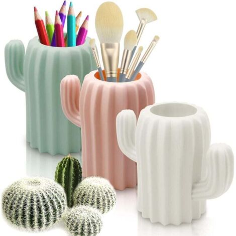 Paquet de 3 porte-crayons mignons, contenants de stockage de cactus de tasse de stylo accessoires de bureau de décoration de bureau de cactus, rose et blanc et vert (1/4)