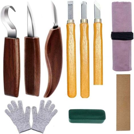 10Pcs Outil De Ciseaux à Bois Kit Couteaux De Sculpture En Bois Avec Manche En Noyer Diy Outils De Sculpture Bois Avec Gants Anti-Coupures Et Pierres à Aiguiser