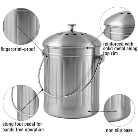 GOURDBRO Poubelle Compost Cuisine 5.6L - Seau à Compost Acier Inoxydable Avec Couvercle Et Bois Bambou, Anti-Odeur Et Anti-Mouches