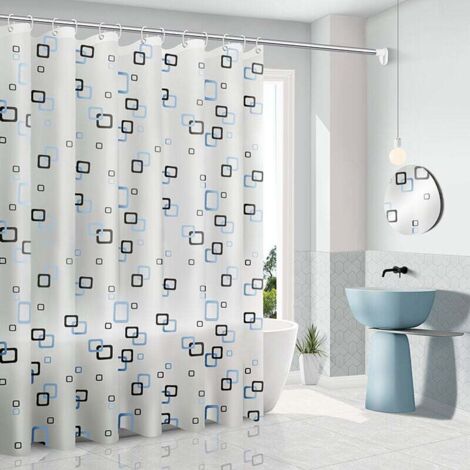 Rideau de Douche Anti moisissure 200 x 180 cm avec Anneaux,Anti-Bactérien Rideau Douche, Pas de Lavage, pour Les Salle de Bain, Blanc avec des carrés Bleus (1/4)