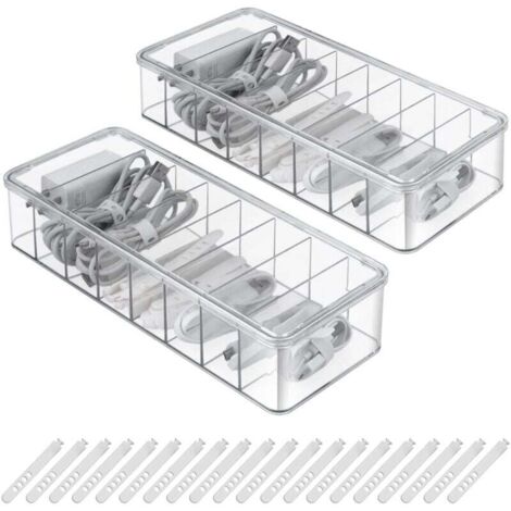 2 Pièces Boîte de Rangement pour Câbles 8 Compartiments Boîte de Câbles Transparent avec 20 Attaches de câbleBoîTe de Rangement Multi-Grilles avec Couvercle pour Maison, Bureau