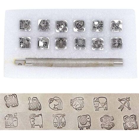 Lettre à Frapper, Outil de poinçonnage, poincon Metal a Frapper, 12 pièces en Cuir Artisanat en alliage de zinc estampage Outil de poinçonnage en Cuir et 1 poignée pour métal, Bois, Lettre
