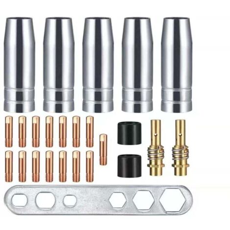 25 Embouts de Contact de Buse de Soudage, Support de Connecteur de Gaz, Soudage Adaptés pour AK-15/MB-15, 5 x Buses à Gaz, 15 x Buses M6 0,8 mm, 2 x Poignées de Buse, 2 x Isolateurs