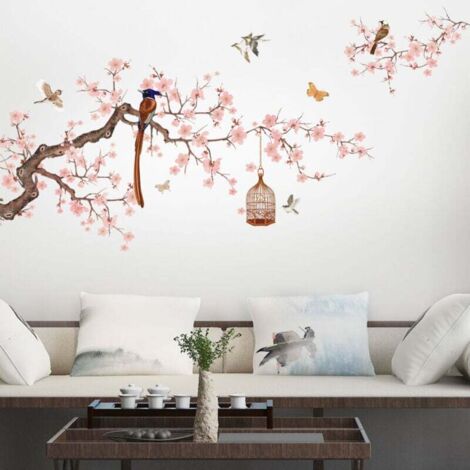 Un lot de Stickers Muraux branche de fleurs cage à oiseaux,Autocollant Mural pour Fenêtre mur,décoration murale pour salon chambre bureau cuisine