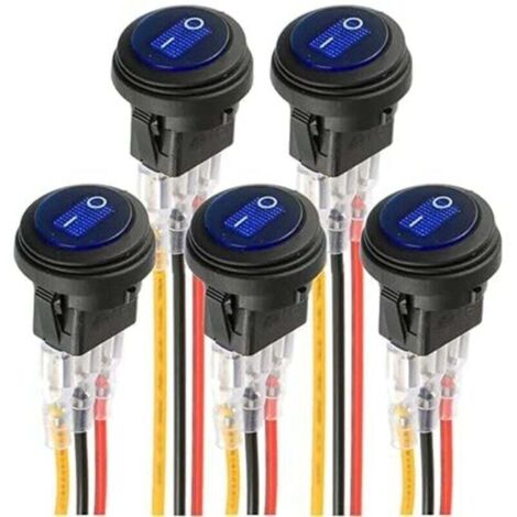 bleu LED interrupteur rond électroluminescent KCD1-8 interrupteur à bascule étanche 12V 20A marine et divers éclairage étanche à 3 broches avec commande par fil (5pcs) (1/4)