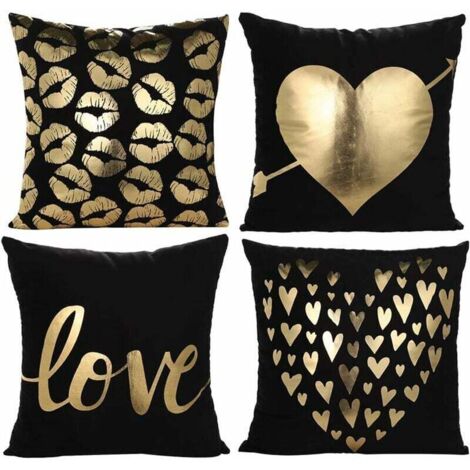 Taie d'oreiller doré doux estampage à chaud coeur amour baiser housse de coussin pour lit canapé salon chambre 45 x 45 cm lot de 4 (amour en noir)