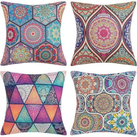 Taie d'oreiller Coton et Lin Bohême Datura Housses De Coussin Carré pour Lit Voiture De La Maison Canapé Chambre Salon Maison Deco Intérieur Extérieur 45x45cm, Ensemble de 4 pièces