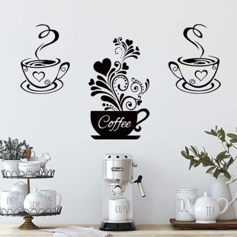 Stickers Muraux Tasse à Café Cuisine Décor Autocollants Stickers Autocollant Mural Amovible Tasses à Café Décoration Murale pour la Maison Cuisine Salle à Manger Salon Bar café Noir (1/4)