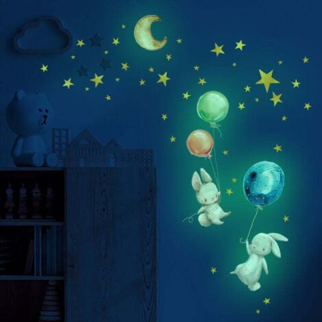Muraux Fluorescent Enfants, Lune Étoiles Lapins et Ballons Etoiles Phosphorescentes Plafond Mural Lumineux Autocollants pour Bébé Chambres d'enfants Plafond Décoration (1/3)