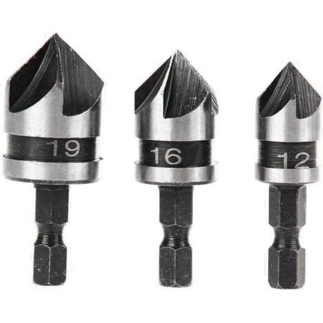 3pcs 90 Degrés 5 Flûte Fraises à Chanfreiner Set Pour Bois, Métal Changement Rapide 1/4" Hex Foret à Chanfreiner en Acier au Carbone Outil de Coupe de Chanfreinage de Bois 12/16/19mm