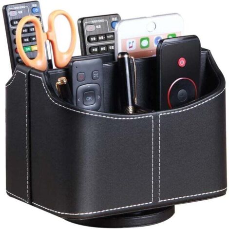 Support de Télécommande Rotative, Organiseurs Multimédia avec 5 Compartiments,Multifonctionnel Organisateur de bureau en PU Cuir, TV Boîte de Rangement pour télécommandes, ipad, phone et lunett