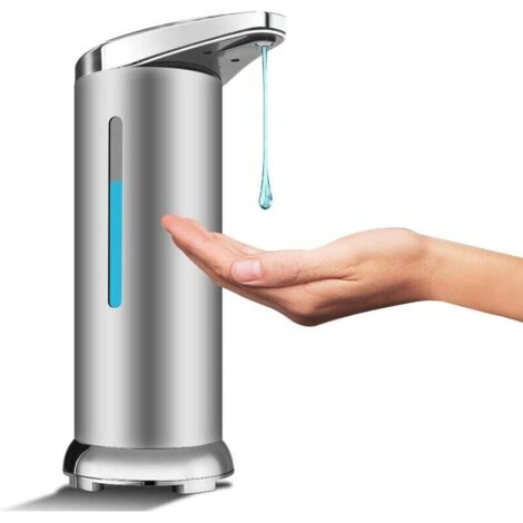Distributeur de savon automatique en acier inoxydable, distributeur de désinfectant sans contact avec capteur infrarouge, interrupteur réglable et base étanche (argent) (1/4)